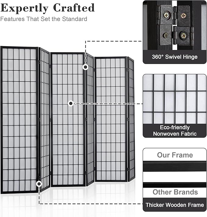 WelFurGeer 6 Panel Shoji Screen Room Divider, Folding Privacy Screens, Room Partitions and Dividers, Decorative Room Dividers, Wall Dividers for Room Separation, Japanese Room Divider for Home (Black)