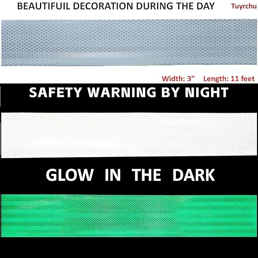 Glow in Dark Reflective Tape 3 inch Wide, Outdoor Waterproof High Visibility Safety Warning Reflector Sticker Strips (11 feet)