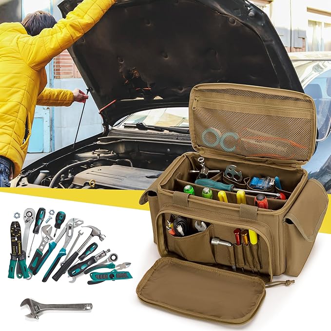 Small Tool Bag with Anti-friction and Thick Padded Bottom, Tool Storage Organizer for Men, Tactical Bag, Range Bag, Multi-functional Work Tote for Repairman, Electrician, Carpenters (Khaki)