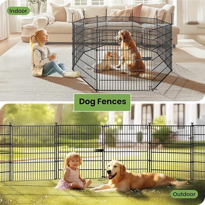 Garden Dog Fence Animal Barrier Outdoor for Yard 10 Panels with Gate 24.2 ft(L) X 40 in(H), Garden Fencing Includes Gloves, Hammer&Zip Ties, Rustproof Metal Temporary No Dig Fence Border for Dogs