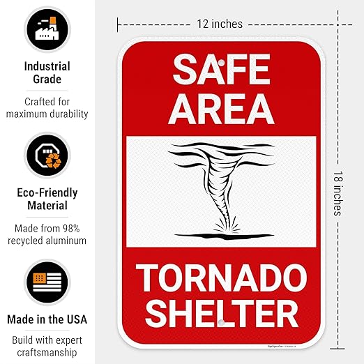 Safe Area Tornado Shelter Sign, 12x18 Inches, 3M EGP Reflective .063 Aluminum, Fade Resistant, Made in USA by Sigo Signs