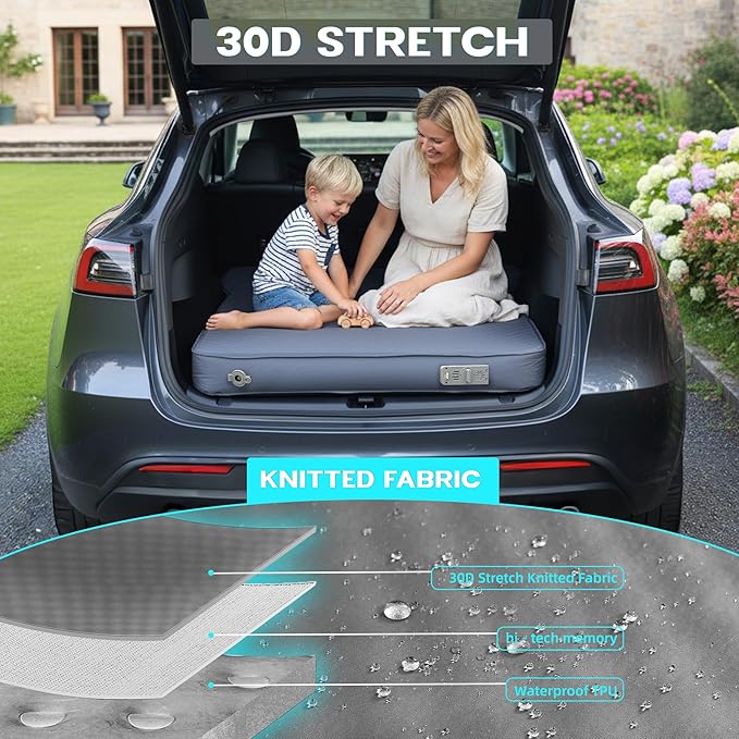 UPWELL Self Inflating Sleeping Pad Truck Camping Thick Mattress for Tesla Model Y Solid Foam 4 Season Car Bed Mattress Portable Roll Up Bed Grey，with air Pump