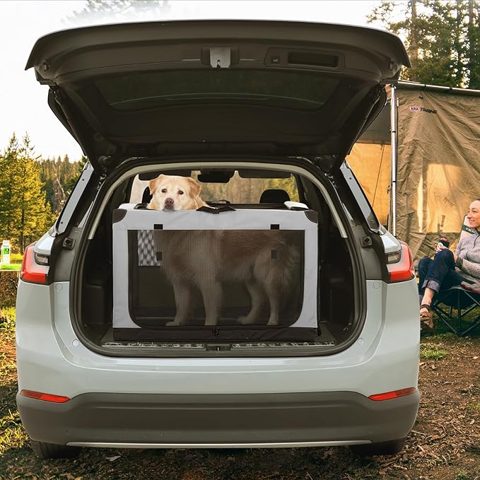 PETSFIT Soft Sided Dog Crate, with Patented Adjustable Fabric Cover, Chewproof & Lockable Mesh Doors, Waterproof Base Kennel Indoor Grey 36 Inch