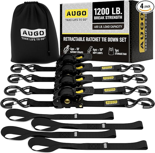 AUGO Retractable Ratchet Straps | 4 Heavy Duty Ratchet Straps Self Retractable Tie Down Straps with Soft Loops & Storage Bag for Motorcycle, Truck, Trailer, Cargo Van | 1200 Lb Break Strength 1” x 10’