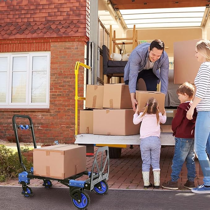 2-in-1Hand Truck Dolly Foldable with Folding Basket, 330LB Folding Hand Truck Heavy Duty Carrying, Combination of 4 Wheels and 2 Wheels Convertible Dolly Cart with Retractable Handle Cart for Moving