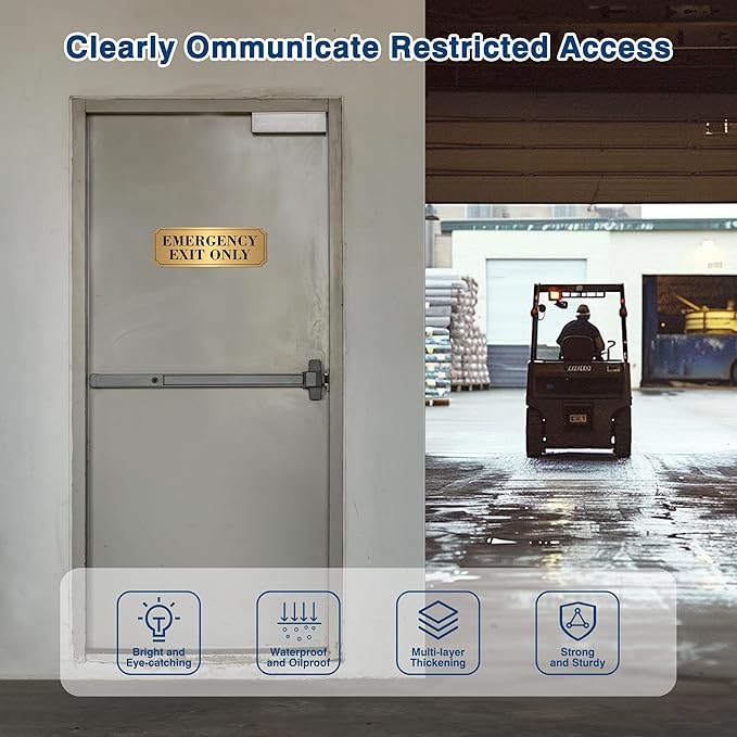2PCS Emergency Exit Only Signs Sticker，Self Adhesive Water & Fade Resistant Black Gold Exit Only in Emergency Sign for Business, Schools, Offices, Storage Rooms, Hospitals