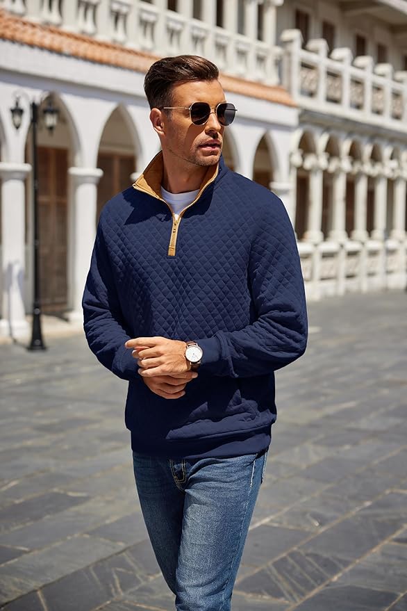 COOFANDY Mens Quarter Zip Pullover Quilted Sweatshirt Knit Long Sleeve Mock Neck Sweater Polo with Pocket