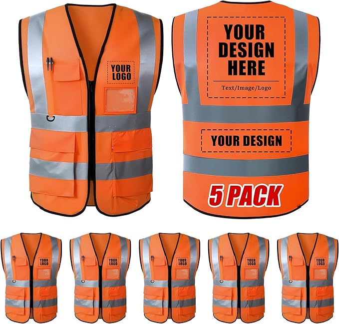 Custom Safety Vest with Logo, High Visibility Reflective Personalized Vest with Pockets for Men Women Construction