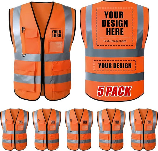 Custom Safety Vest with Logo, High Visibility Reflective Personalized Vest with Pockets for Men Women Construction