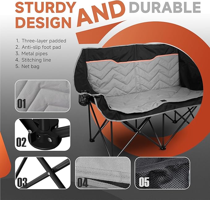 Double Camping Chair, Padded Loveseat Camping Couch, Oversized 2 Person Camp Chairs with Carry Bag,Heavy Duty Folding Lawn Chair for Adults Portable Outdoor Folding Sofa for Patio Backyard, Black