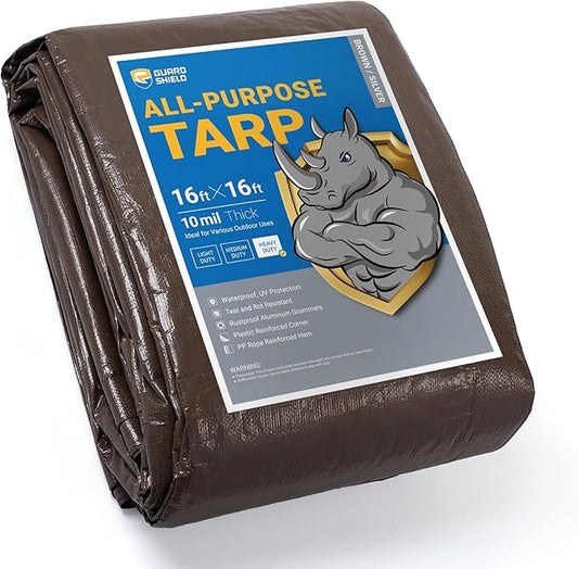 GUARD SHIELD Tarps Heavy Duty Waterproof 16x16 Feet Brown/Bright Silver Poly Tarp Cover Square Outdoor Thick UV Resistant Tarpaulin with Grommets 10mil