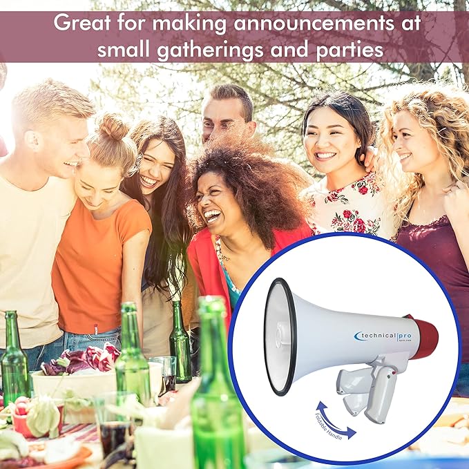 Technical Pro 25 Watts Lightweight 600M Range Portable Megaphone Bullhorn with Strap, Siren, and Volume Control, Good for Trainers, Soccer, Coaches and Cheer Leading