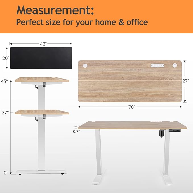 70'' x 27'' Electric Standing Desk Adjustable Height with Charging Station, Wheels, 2 USB Ports, 3 Power Outlets, 27''-46'' Lifting Range Stand up Desk for Home Office(Oak Gery)