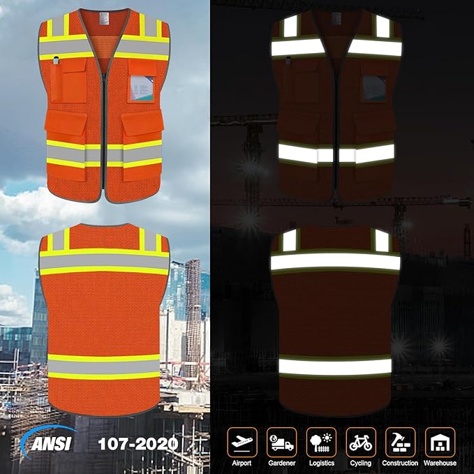 TCCFCCT Safety Vest for Men Women 5 Pockets Mesh High Visibility Reflective Vest with Reinforced Zipper, Durable Construction Work Vest with Fluorescent Orange Edge, Meets ANSI/ISEA, DW-Orange, 5XL