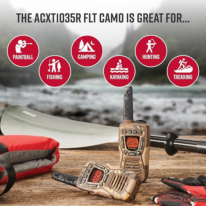 Cobra ACXT1035R FLT CAMO Floating and Waterproof Walkie Talkies for Adults with Compatible Cobra Surveillance Headset: Rechargeable, 22 Channels, Long-Range, 2 Two-Way Radios, 2 Headsets