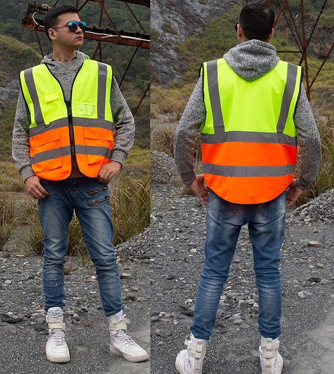 zojo High Visibility Safety Vests With Pockets,Pack of 10,Wholesale Reflective Vest for Outdoor Works, Cycling, Jogging, Walking,Sports - Fits for Men and Women (2XL-Mix Yellow & Orange)