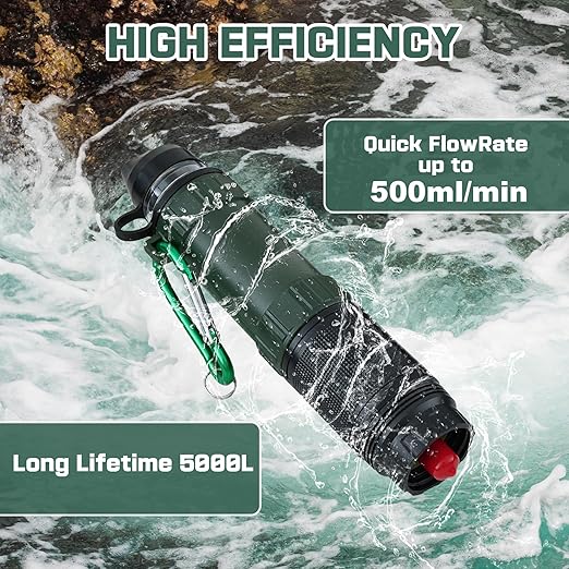 Personal Water Filter Kit for Hiking, Camping, Travel Water Filter Straw Outdoor Portable, Water Purifier Survival Gear and Equipment Army Green