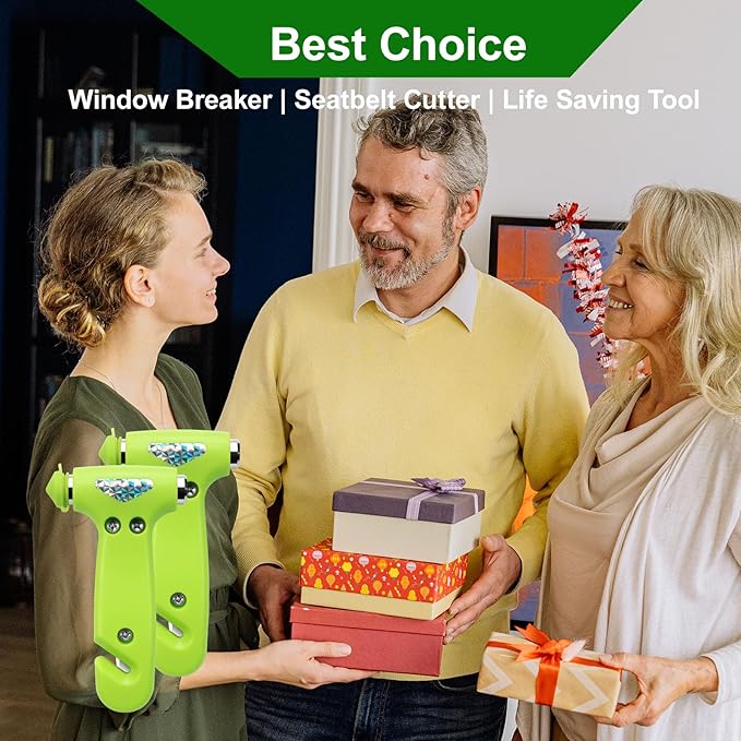 Car Window Breaker, Safety Hammer - 3 in 1 Escape Tools, Window Breaker Seatbelt Cutter, Roadside Emergency Kit with Light Reflective Tape(2 Pack, Green)