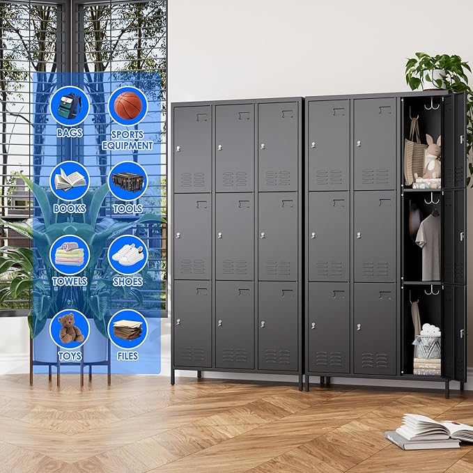 Metal Lockers for Employees with 9 Doors and 27 Hooks, 72”H Storage Locker with Card Slot for Office Gym School Bedroom, Black, Assembly Required