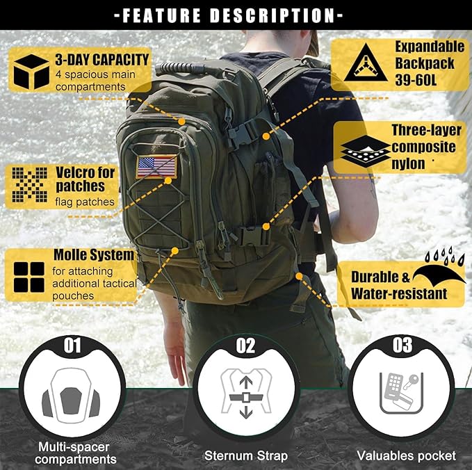 Tactical Backpack Military Army Daypack - Assault Pack for Men Molle Backpacks Bug Out Bag 3 Day Pack for Hiking Camping Travel Hunting Rucksack Trekking Green
