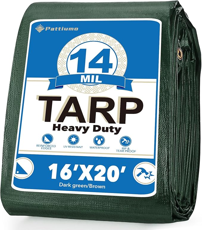 Tarp Waterproof 16 X 20 FT 14 Mil Heavy Duty Tarp Multipurpose Tarps Heavy Duty Waterproof Protective Cover UV All Weather Resistant for Shelter Camping, Green/Brown