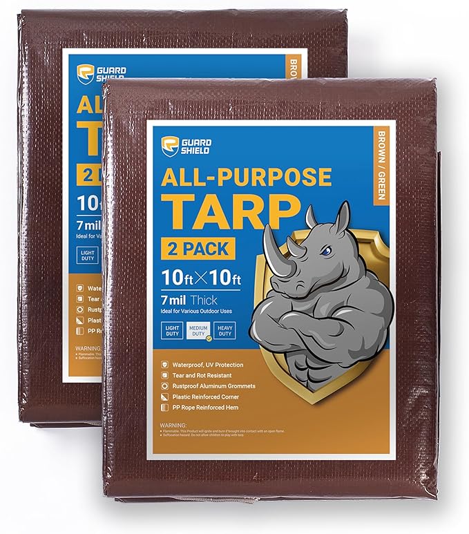 GUARD SHIELD Brown/Green Tarp 10x10 Feet Medium Duty Outdoor Waterproof Multi Purpose Poly Tarps Cover 7mil (2-Pack)