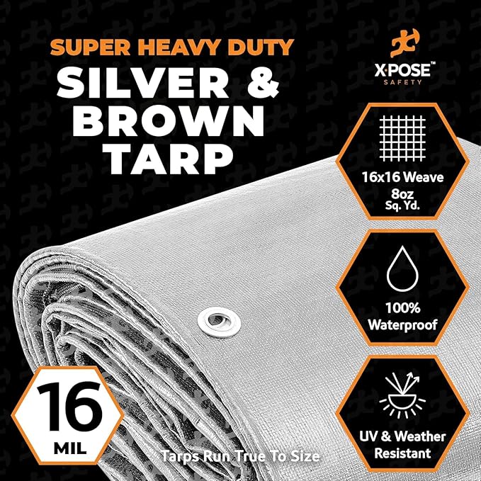 Xpose Safety Super Heavy-Duty 10' x 10' Silver/Brown Poly Tarp (2-Pack) - 16 Mil Waterproof & UV Resistant, Rip-Proof with Reinforced Edges & Grommets