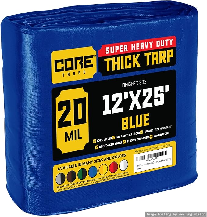 Core Tarps Extreme Heavy Duty 20 Mil Tarp Cover, Waterproof, UV Resistant, Rip and Tear Proof, Poly Tarpaulin with Reinforced Edges for Roof, Camping, Patio, Pool, Boat (Blue 12′ X 25′)