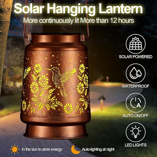 Solar Lantern Outdoor Hanging Waterproof Outside Metal Openwork Hummingbird Pattern Birthday Gifts for Women Mom Landscape Lights for Porch Garden Yard Patio Pathway Decor(Great Hummingbird)
