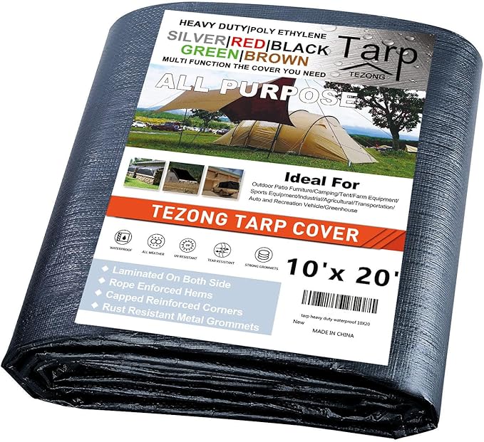 TEZONG Tarps Heavy Duty Waterproof 10x20ft,Black Plastic Tarps Large Multipurpose Outdoor Tarp Cover Thick Poly Tarpaulin 16MIL for Emergency Rain or Sun, Roof, Patio Furniture, Firewood, Canopy