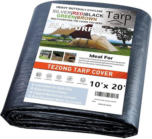 TEZONG Tarps Heavy Duty Waterproof 10x20ft,Black Plastic Tarps Large Multipurpose Outdoor Tarp Cover Thick Poly Tarpaulin 16MIL for Emergency Rain or Sun, Roof, Patio Furniture, Firewood, Canopy