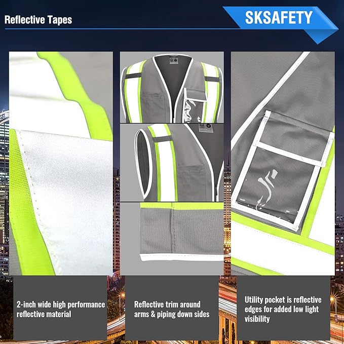 SKSAFETY 10 Pockets Safety Vest, Class 2 High Visibility Security with Zipper, Hi Vis Vest with Reflective Strips, ANSI/ISEA Standard, Construction Work Vest for Men ＆ Women （Grey,3XL）