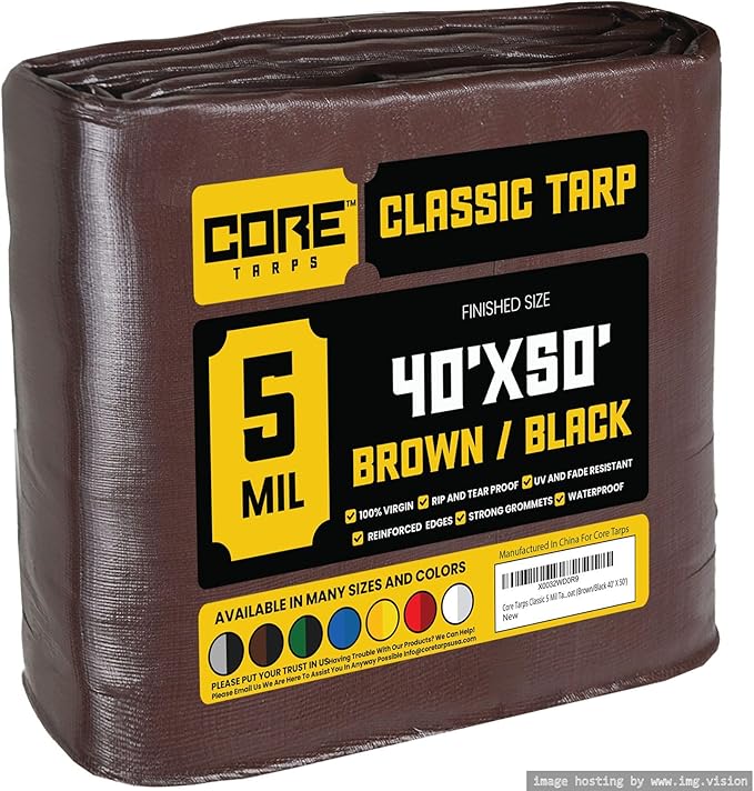 Core Tarps Classic 5 Mil Tarp Cover, Waterproof, UV Resistant, Rip and Tear Proof, Poly Tarpaulin with Reinforced Edges for Roof, Camping, Patio, Pool Cover, Boat (Brown/Black 40′ X 50′)
