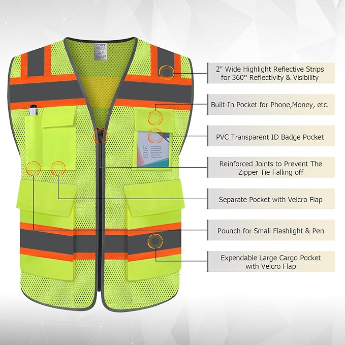 TCCFCCT Safety Vest for Men Women 5 Pockets Mesh High Visibility Reflective Vest with Reinforced Zipper, Durable Construction Work Vest with Fluorescent Orange Edge, Meets ANSI/ISEA, DW-Yellow, 5XL