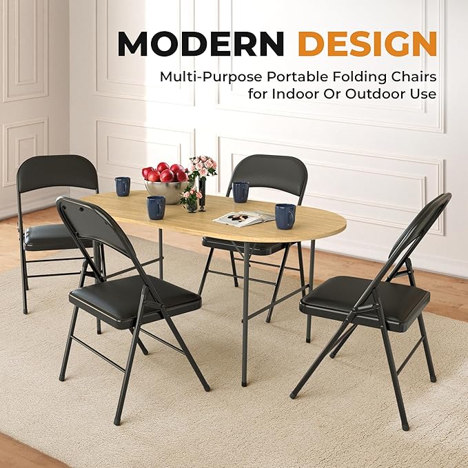 8 Pack Leather Chair | Foldable & Stackable | 350 lbs Capacity Steel Frame Seats for Indoor or Outdoor | Commercial Use Events Wedding Party Events Bulk Picnic Kitchen Dining - Black