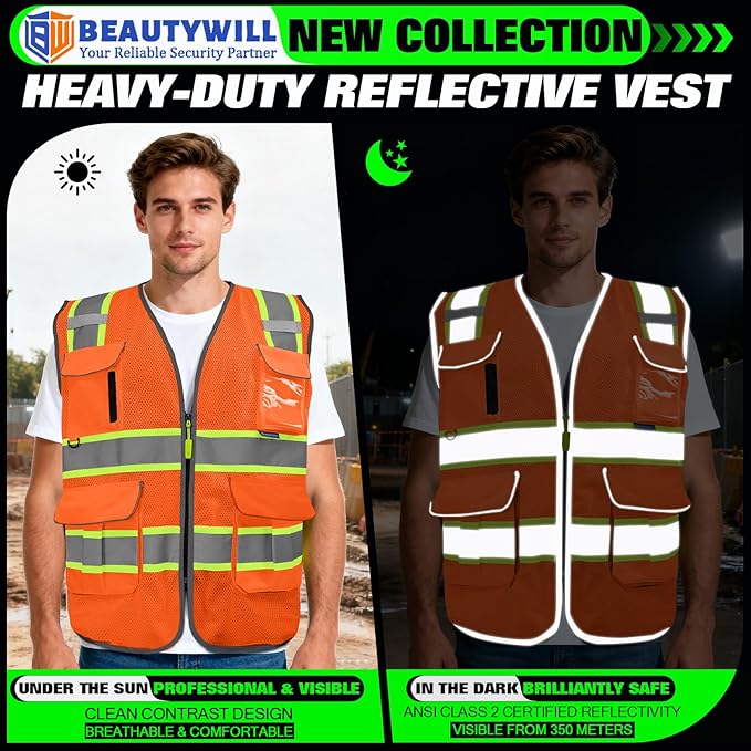 BeautyWill 10 Pack Custom Logo Safety Vest ANSI Class 2 High Visibility Reflective Vest Personalized Construction Vest Bulk