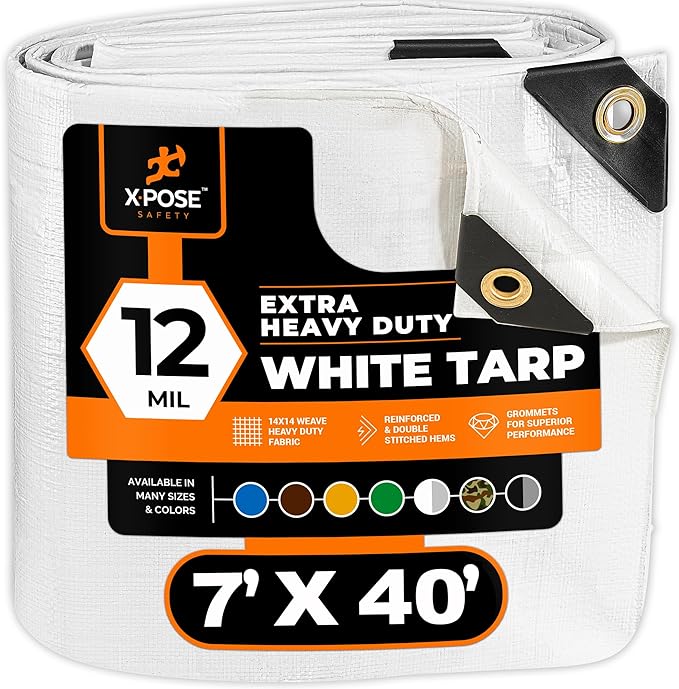 Heavy Duty White Poly Tarp 7' X 40' - Multipurpose Protective Cover - Durable, Waterproof, Weather Proof, Rip and Tear Resistant - Extra Thick 12 Mil Polyethylene - by Xpose Safety