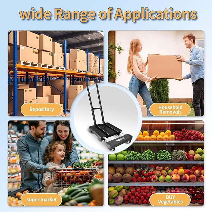Folding Hand Truck,VDHU 650LB Heavy Duty Dolly Cart,Portable Utility Dolly 6 Wheels Luggage Cart with 2 Elastic Ropes,Extendable Platform Truck for Luggage, Travel, Moving Office Use, Black