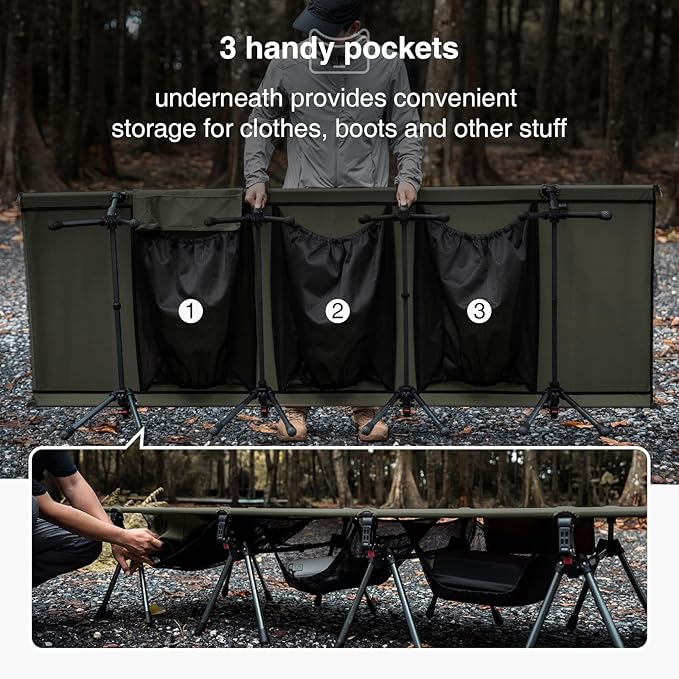 ONETIGRIS SUPRATIROS Extra Large Camping Cot, Height Adjustable Oversized Sleeping Cot with Extending Legs for Camping, Car Trips, Truck, Beach, Office Nap, Sturdy Supports Up to 400lbs (Ranger Green)