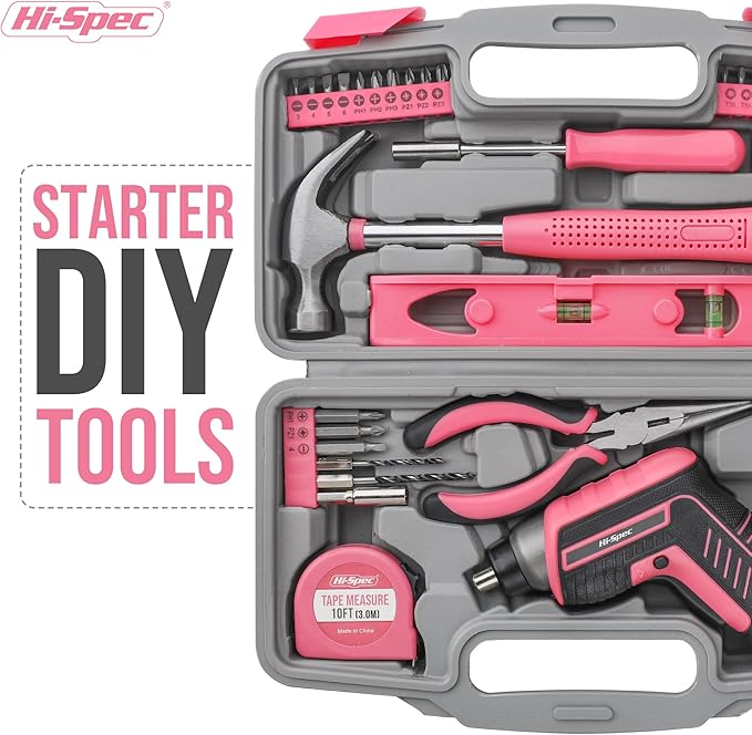 Hi-Spec 35-Piece Tool Kit with 3.6V USB Small Electric Screwdiver Set, Pink Drill Set for Women, Tool Kit for Home