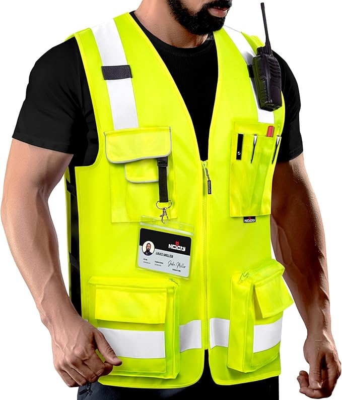 NoCry Premium Reflective Safety Vest for Men with Heavy-Duty Stitching & Phone Pocket — ANSI Class 2 High-Visibility Neon Workwear with Multiple Pockets – Ideal for Construction Workers & Surveyors