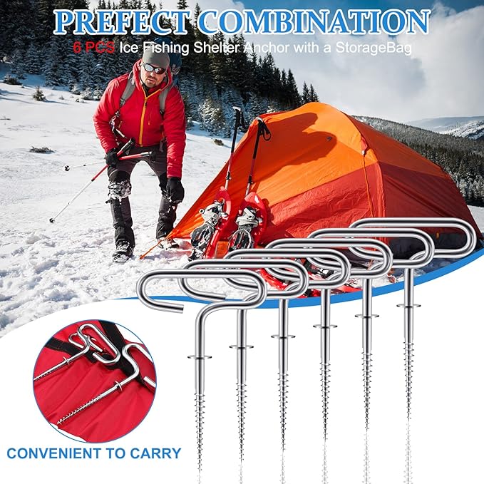 Oudain 7 Pcs Steel Ice Anchor Kit Threaded Ice Fishing Shelter Anchors for Winter Outdoor Camping Shanty Tent