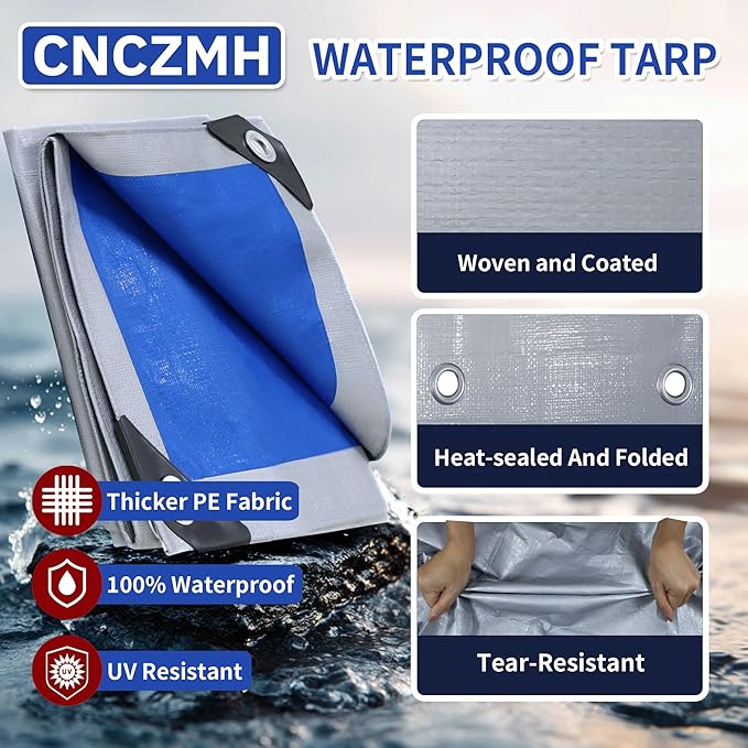 Tarp Waterproof 12x20 Feet, 8 Mil Thick Finished Size Silver/Blue Poly Tarpaulin Outdoor, Metal Grommets, Reinforced Edges, Multipurpose Tarps Protective Cover for Camping Boat Plant