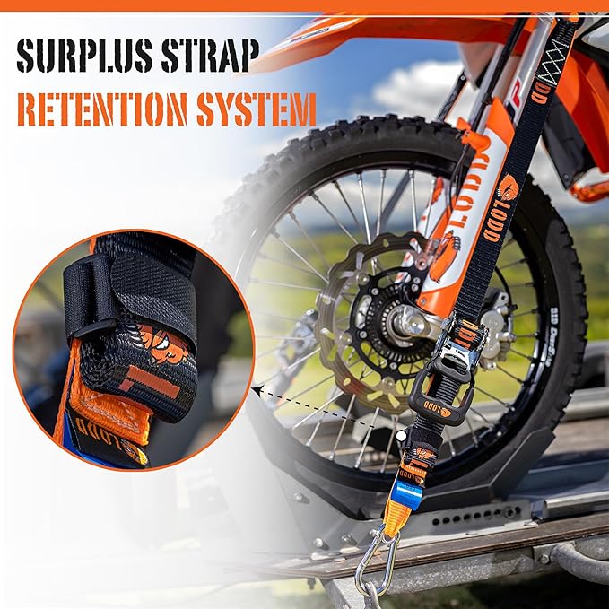 LODD – Motorcycle Tie Down Straps with Ratchets and Soft Sheepskin Loops – 1.5” Wide – 3,300 lbs Strength – Heavy-Duty Steel Hooks – for Motorcycles, Dirt Bikes, ATVs – Carrying Case Included