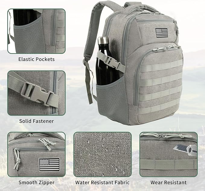 Small Military Tactical Backpack for Men, Travel Hiking Backpack with Bottle Holder, 25L Laptop Backpack for Work, College Computer Bag Fits 15.6/14.3 Inch Laptop and Notebook - Gray