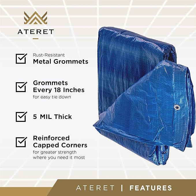 ATERET Tarp Blue Cover 50 x 100 Feet I Waterproof Plastic Poly I Tarpaulin with Metal Grommets I Great Idea Use for Roof, Camping, Patio, Canopy, Boat, Tent & Camping (50' x 100')