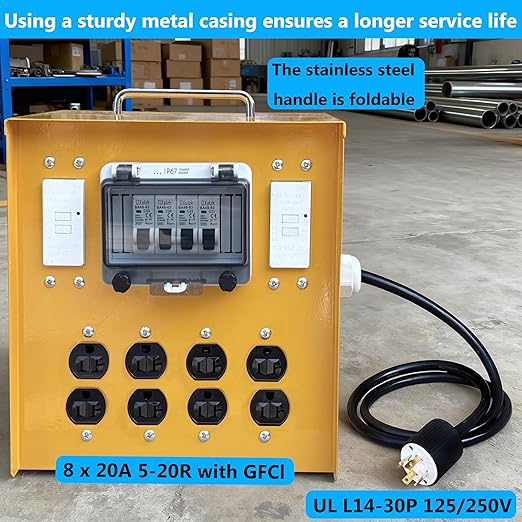 Temporary Distribution Box, Equipped with a 30A L14-30P 125V/250V Outlet, Four MEMA-5-20R 120V GFCI Double outlets, Portable Power Center with Each Outlet Equipped with a 20A Circuit Breaker