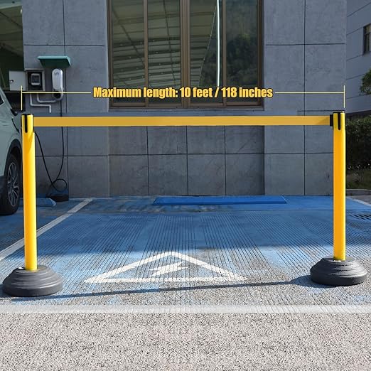 6 Pack Premium Crowd Control Stanchion Set, 40" H Delineator Post with 10' Feet Retractable Belt, Heavy-Duty Base, Safety Rope Barriers for Traffic Queue (Water Filled Base, Yellow)