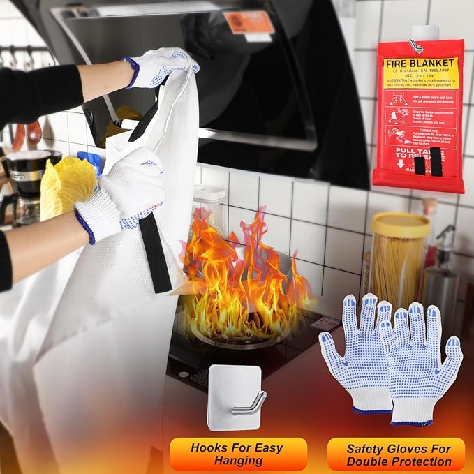 Macarrie 20 Pack Emergency Fire Blanket Bulk with Hooks and Gloves 40''x 40'' Fire Suppression Fiberglass Safety Fireproof Blanket Survival for Kitchen Home Camping Warehouse Donation Supplies