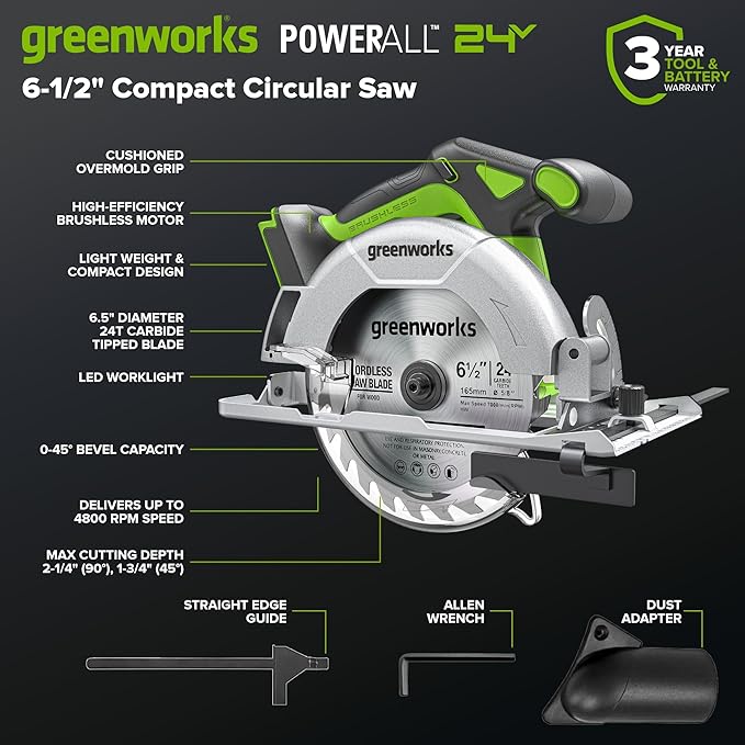 GREENWORKS 24V (6-TOOL) Combo (Drill, Impact Driver, Circular Saw, Reciprocating Saw, Multi-Tool, Flashlight), 4.0Ah + 2.0Ah (24,000mAh Power Bank) Batteries, (2) Cables, 65W Rapid Charger